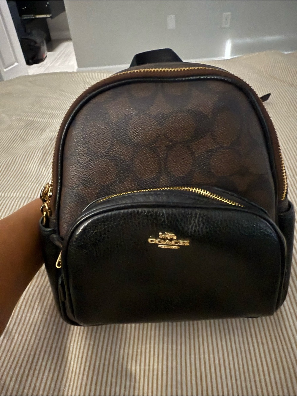 Coach Mini Backpack in Brown Signature and Black Leather
